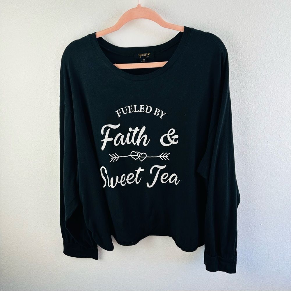 Queen Bees Black Long‎ Sleeve Raw Hem Faith And Sweet Tea Graphic Tee Size 3X